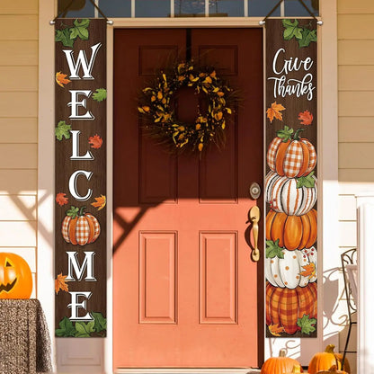 Thanksgiving Give Thanks Porch Banner Sign, Fall Pumpkin Patch Maple Leaves Front Door Decorative Hanging Welcome Banner Flag