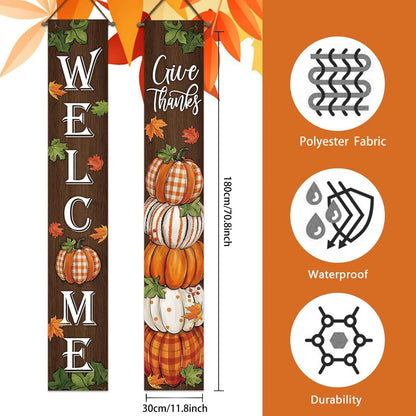 Thanksgiving Give Thanks Porch Banner Sign, Fall Pumpkin Patch Maple Leaves Front Door Decorative Hanging Welcome Banner Flag