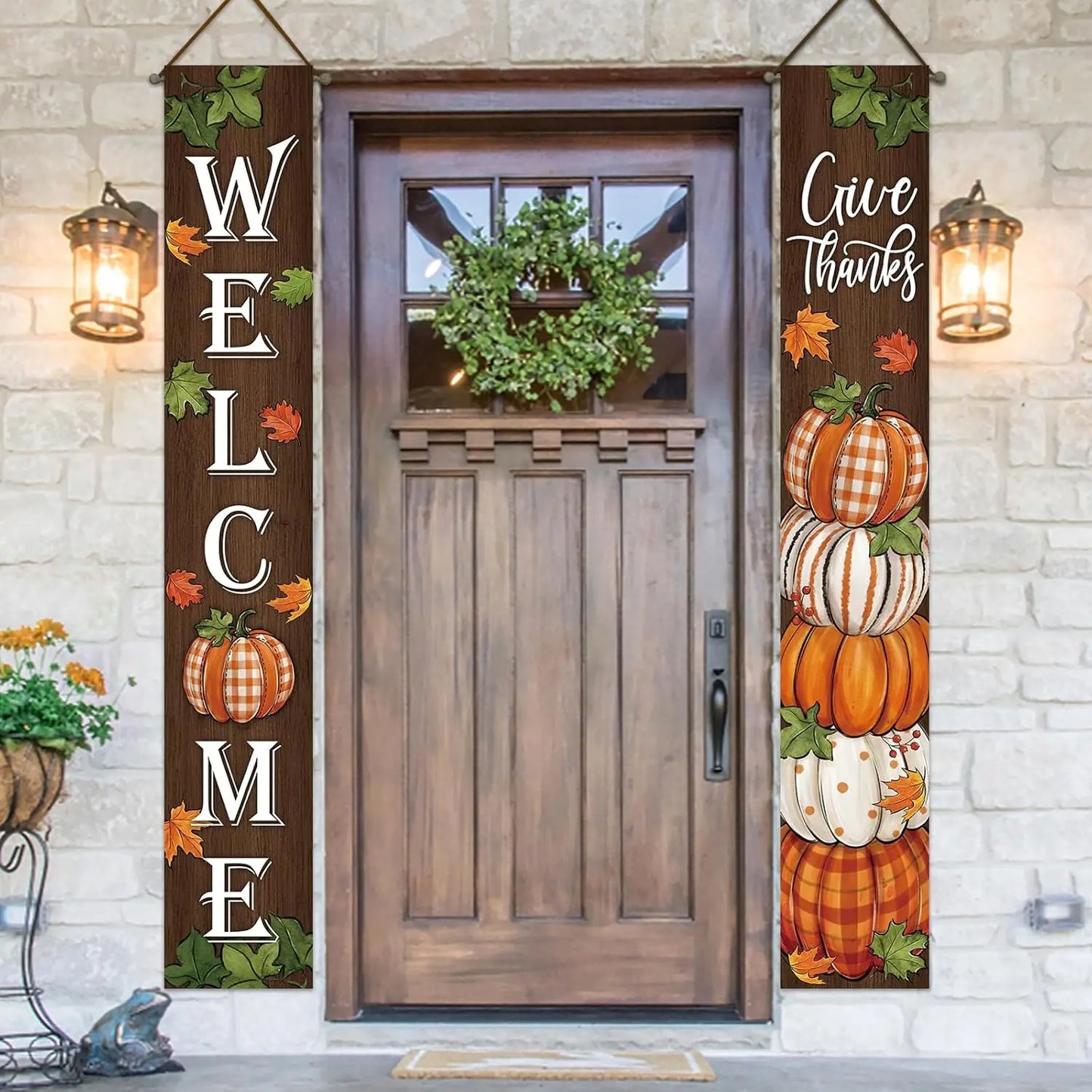 Thanksgiving Give Thanks Porch Banner Sign, Fall Pumpkin Patch Maple Leaves Front Door Decorative Hanging Welcome Banner Flag