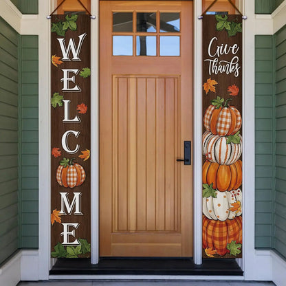 Thanksgiving Give Thanks Porch Banner Sign, Fall Pumpkin Patch Maple Leaves Front Door Decorative Hanging Welcome Banner Flag