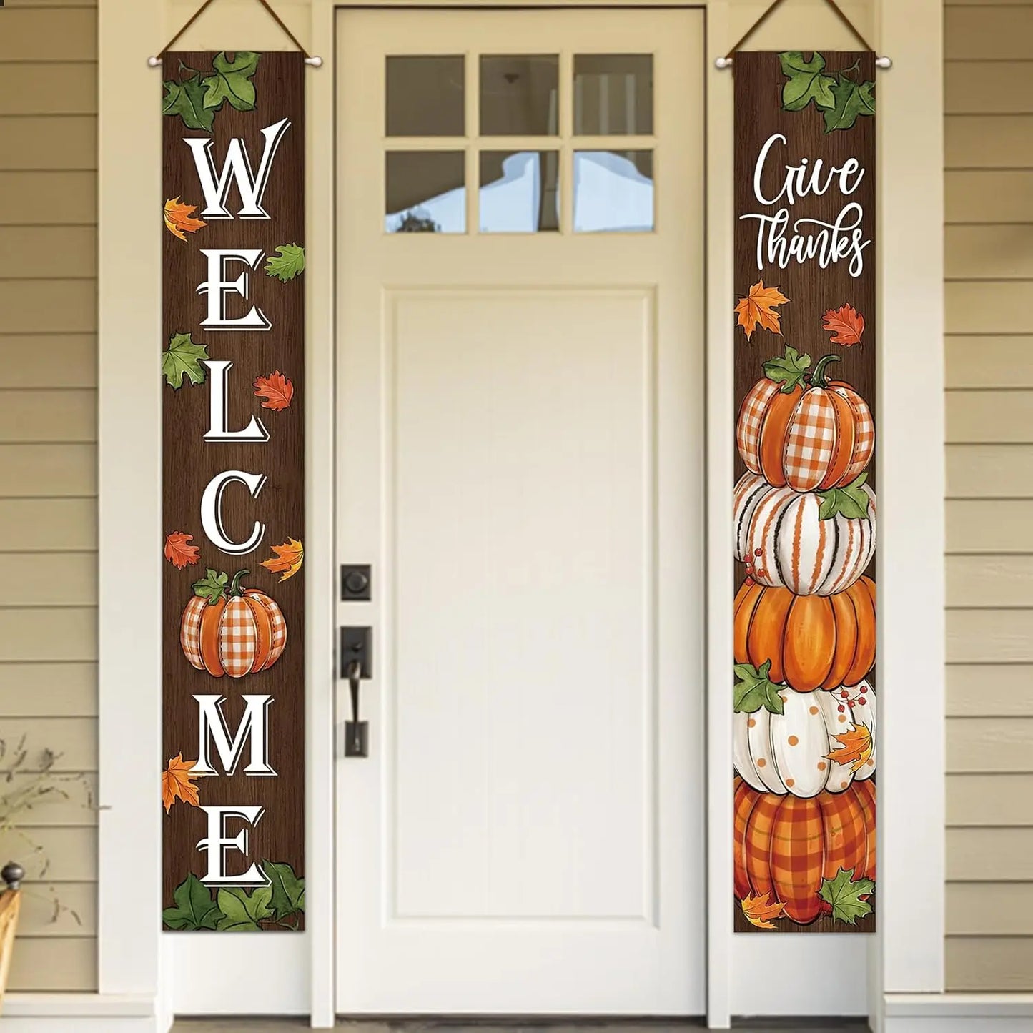 Thanksgiving Give Thanks Porch Banner Sign, Fall Pumpkin Patch Maple Leaves Front Door Decorative Hanging Welcome Banner Flag