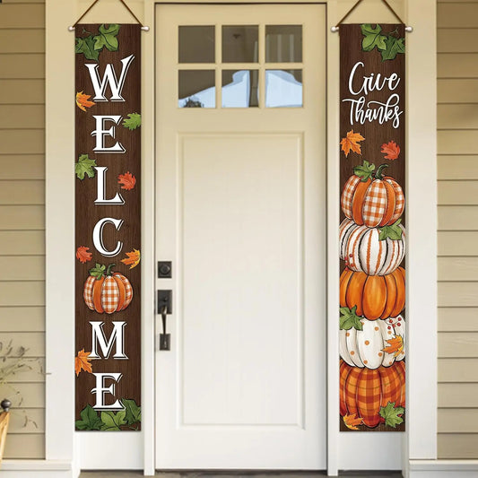 Thanksgiving Give Thanks Porch Banner Sign, Fall Pumpkin Patch Maple Leaves Front Door Decorative Hanging Welcome Banner Flag