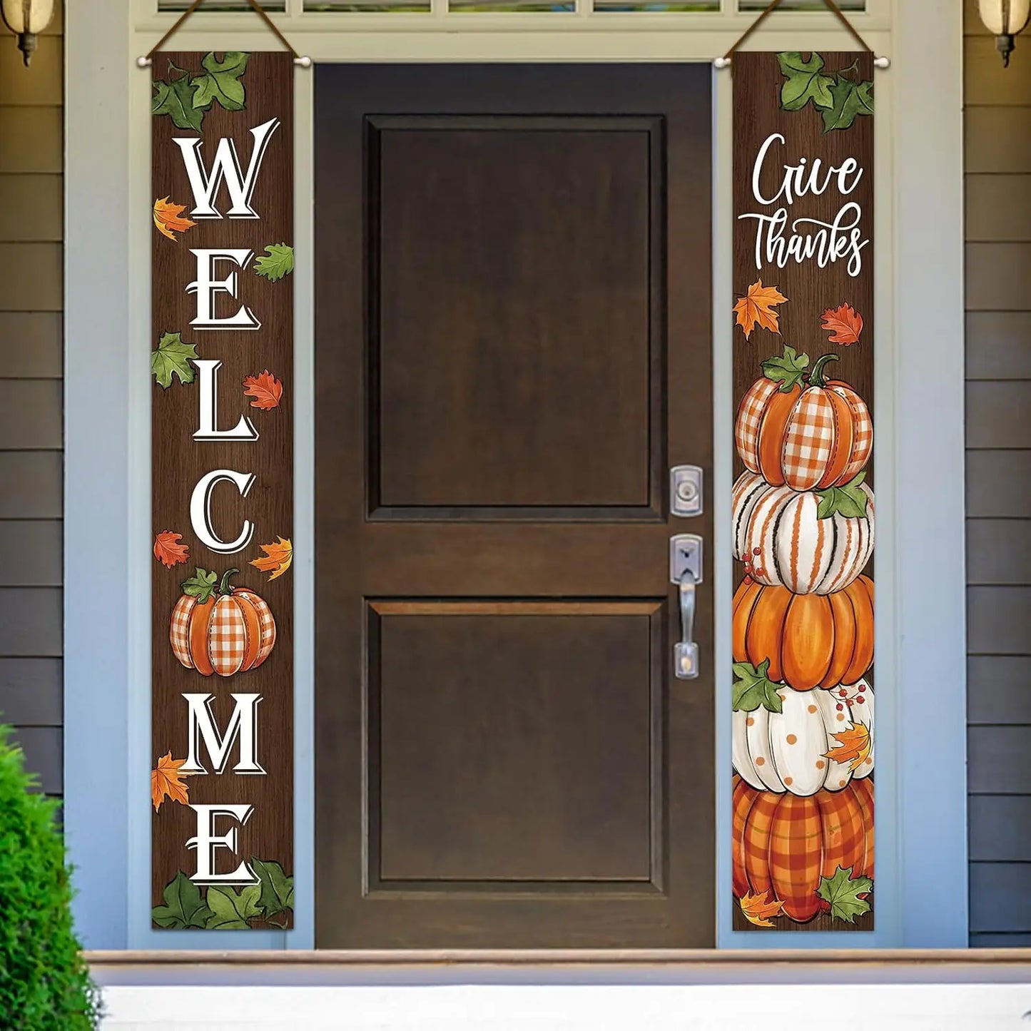 Thanksgiving Give Thanks Porch Banner Sign, Fall Pumpkin Patch Maple Leaves Front Door Decorative Hanging Welcome Banner Flag